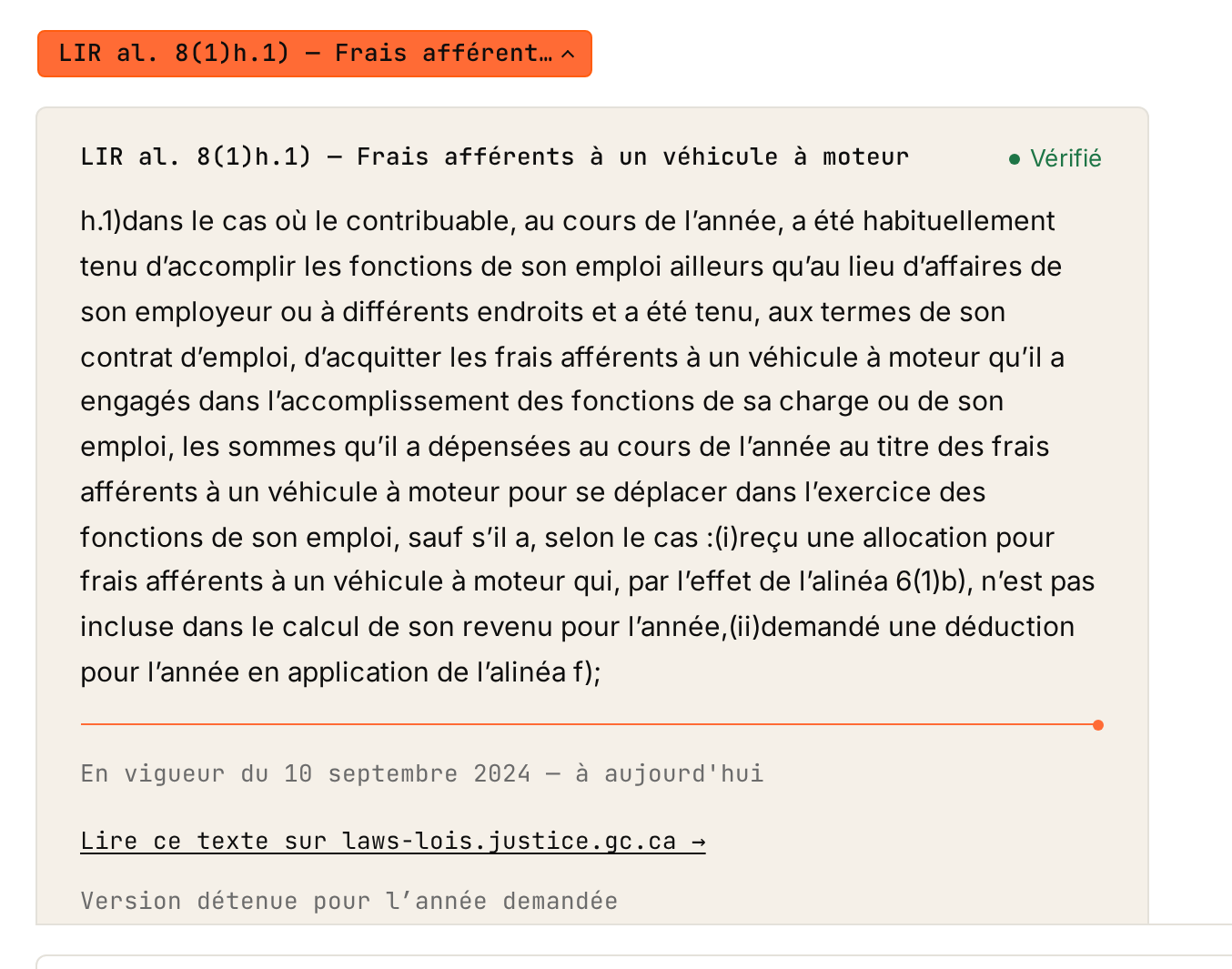 Une fiche de citation dépliée dans l'application : le verbatim de l'alinéa 8(1)h.1) de la LIR, le badge Vérifié, les dates de vigueur et le lien vers laws-lois.justice.gc.ca