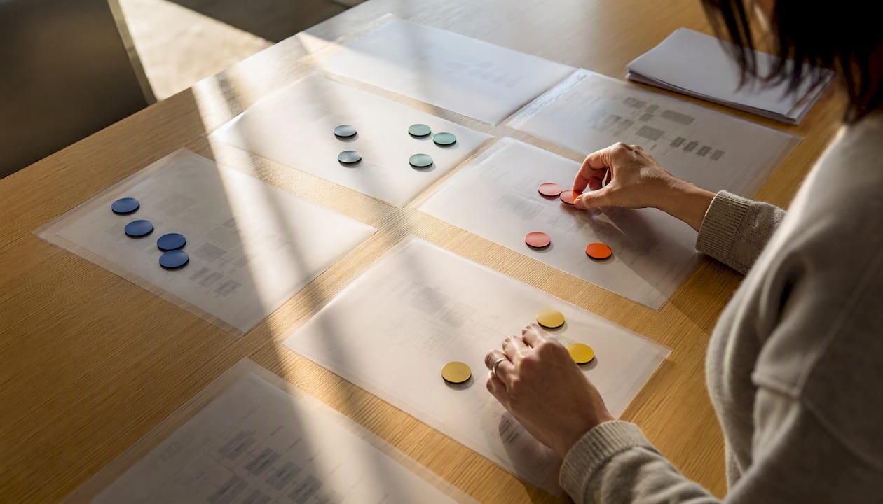 Des mains en train de trier des badges de rôles et des schémas d’organisation