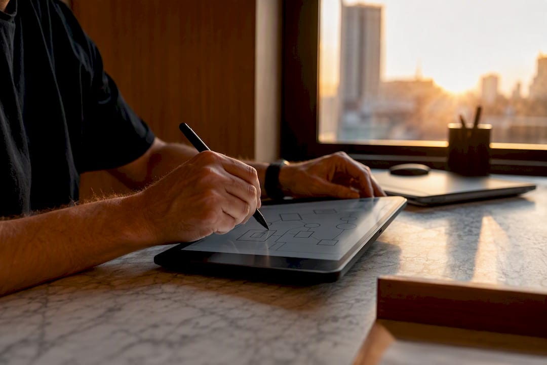 Mains dessinant un organigramme de politique sur une tablette numérique